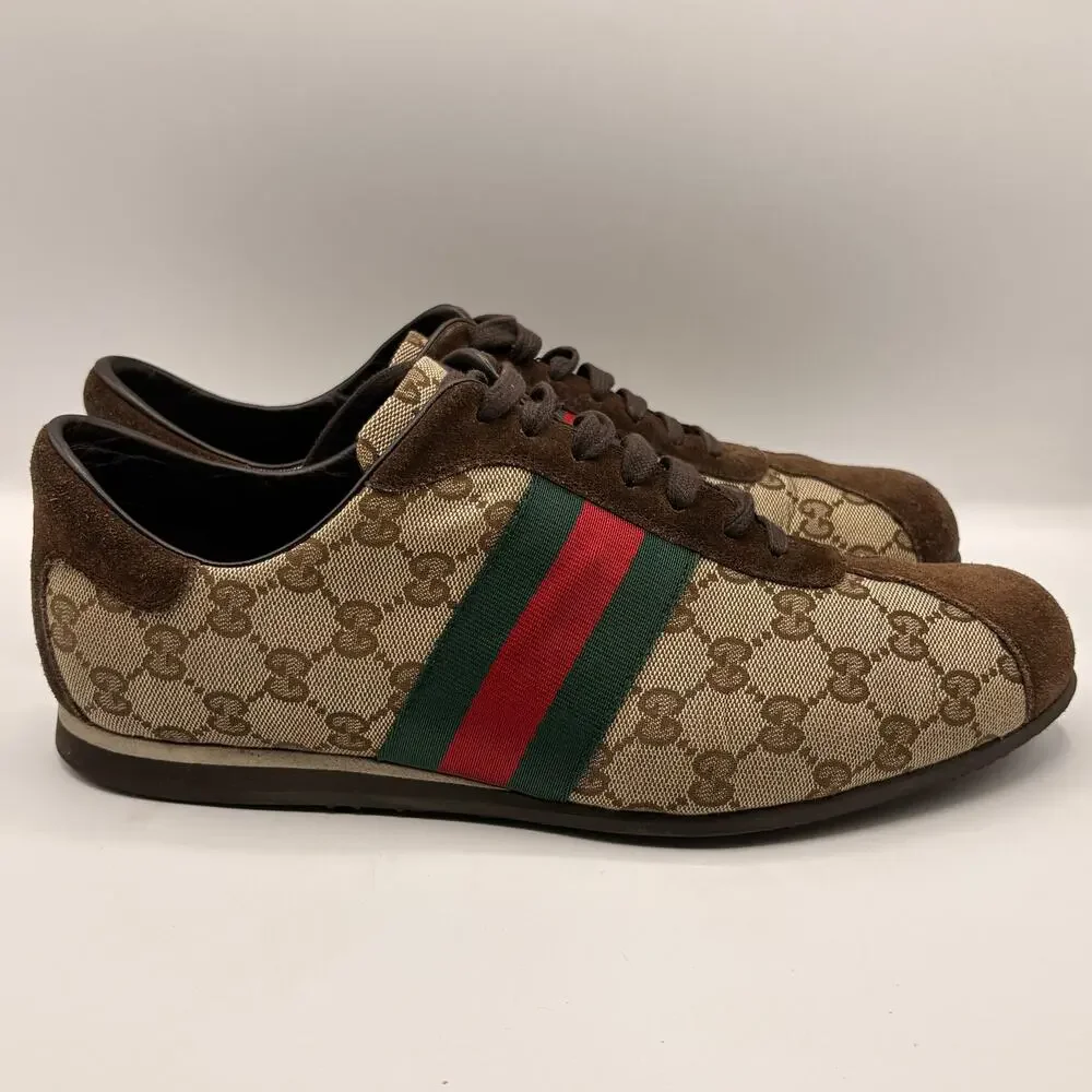 GUCCI GG Monogram Canvas Brown Suede Red Web Lace Sneakers Sz 9G 9.5 US $995